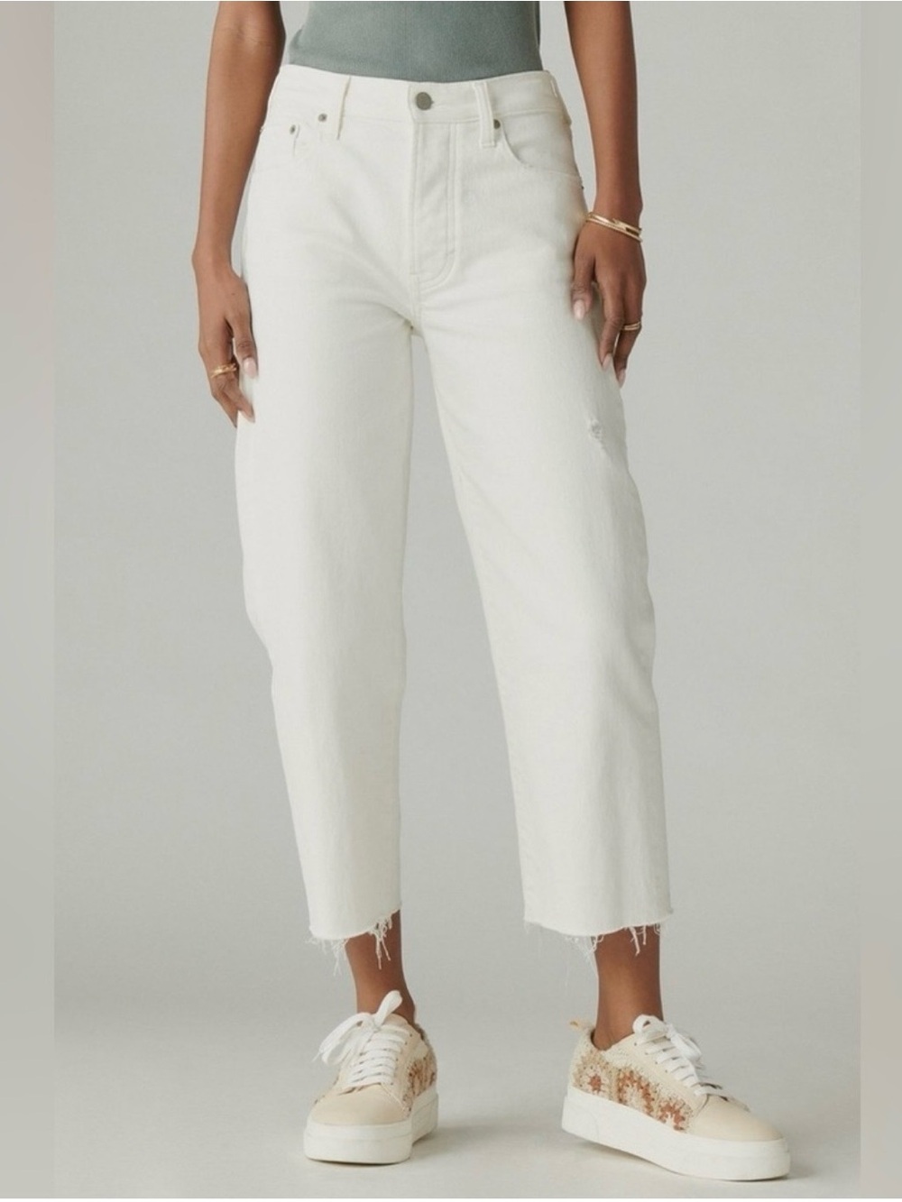 Lucky Brand 90s Loose High Rise Crop Jeans 12/31 Off White Cream Raw Hem L